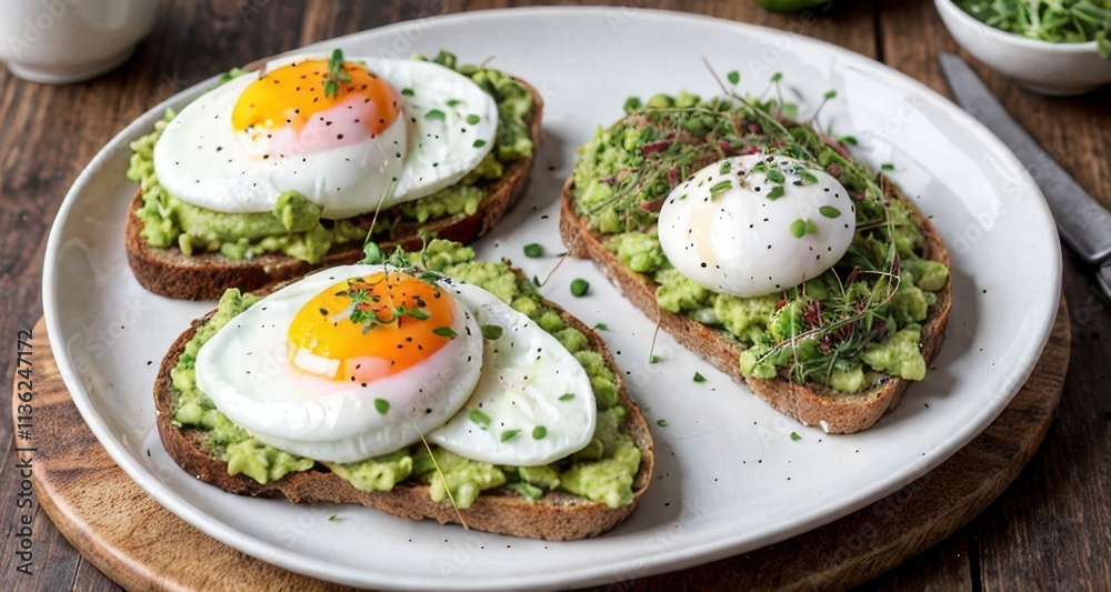 A plate of avocado toast topped with poached eggs, garnished with chives and pepper. A plate of avocado toast topped with poached eggs, garnished with chives and pepper.