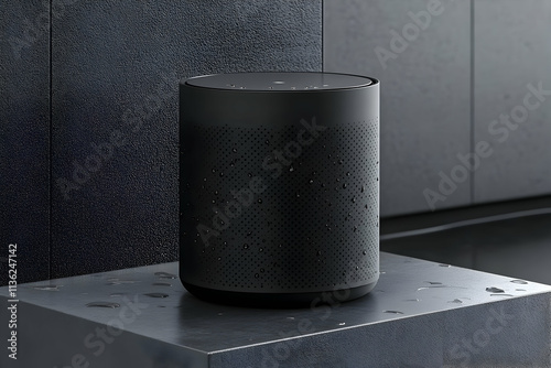 Black waterproof Bluetooth speaker on wet surface.