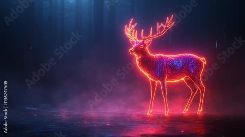 Modern design with glowing neon outline of a deer standing against a colorful gradient background