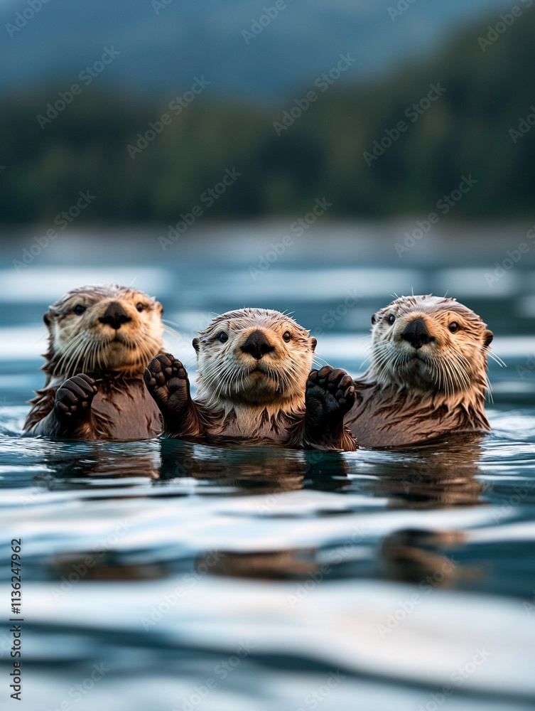 Three playful otters swimming in calm water Three playful otters swimming in calm water