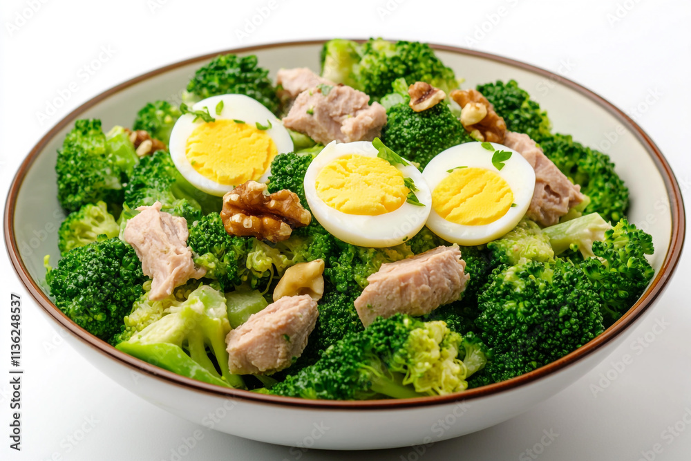 Healthy broccoli salad with tuna, eggs, and walnuts for a nutritious meal Healthy broccoli salad with tuna, eggs, and walnuts for a nutritious meal