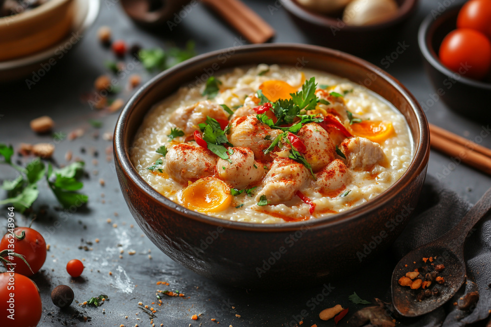 Delicious bowl of creamy risotto with seafood and fresh herbs garnished for flavor Delicious bowl of creamy risotto with seafood and fresh herbs garnished for flavor