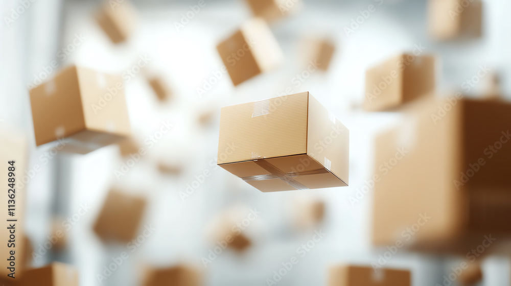 Fototapeta premium Floating cardboard boxes in a logistics warehouse, representing shipping and delivery.