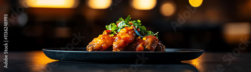 Delicious spicy chicken wings garnished with green onions on a black plate. photo