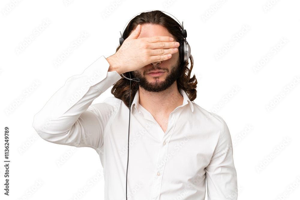 Telemarketer man working with a headset over isolated chroma key background covering eyes by hands. Do not want to see something Telemarketer man working with a headset over isolated chroma key background covering eyes by hands. Do not want to see something