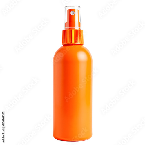 Front view of a orange hair spray bottle with no labels isolated on a white transparent background.