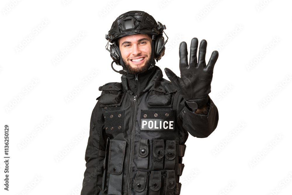 SWAT over isolated chroma key background counting five with fingers SWAT over isolated chroma key background counting five with fingers