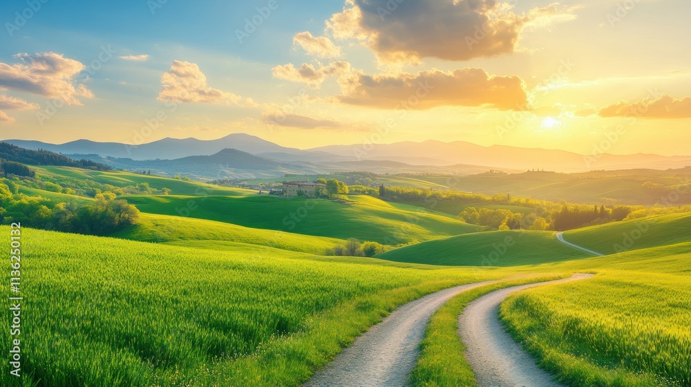 Obraz premium Tuscan Sunset: Rolling Hills and Golden Hour