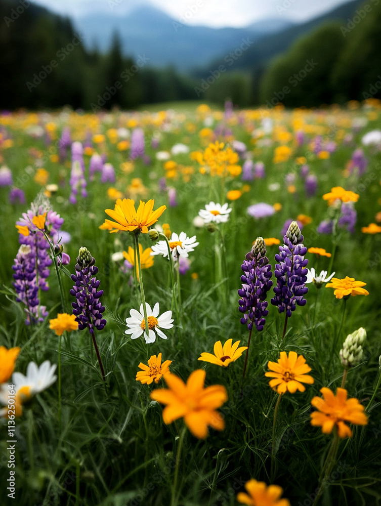 Fototapeta premium Colorful wildflowers bloom in a serene mountain valley