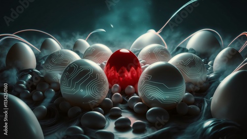 Unique Red Egg Among Circuit-Etched Eggs, Abstract Tech Concept