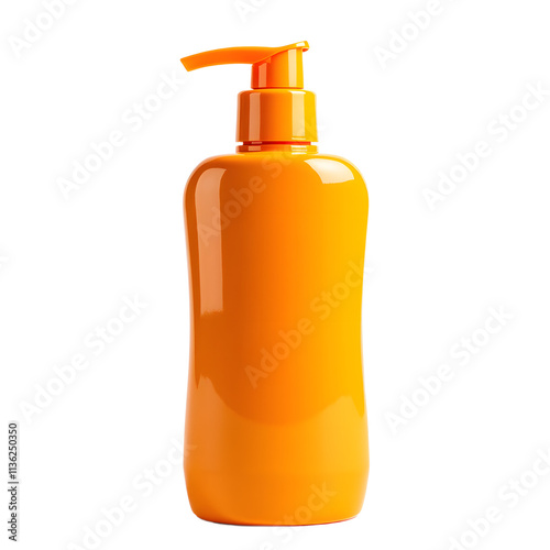 Front view of a orange sunscreen bottle with no labels isolated on a white transparent background.