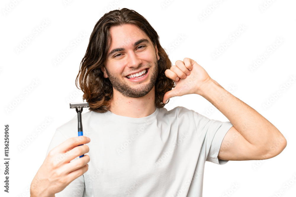 Young handsome man shaving his beard over isolated background proud and self-satisfied Young handsome man shaving his beard over isolated background proud and self-satisfied