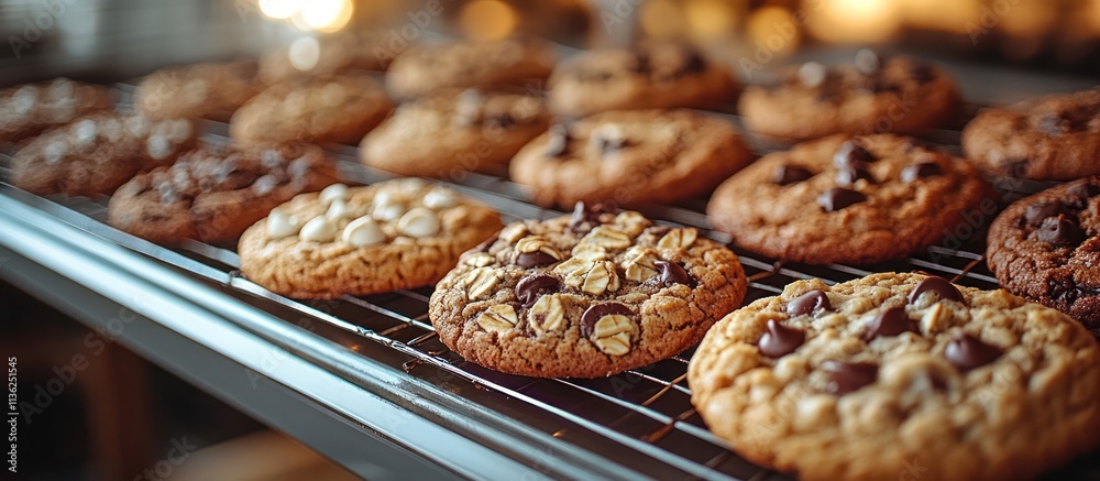 Freshly baked assorted cookies cooling on a wire rack. Freshly baked assorted cookies cooling on a wire rack.