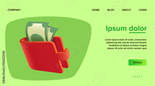Red wallet with green dollars vector illustration. Banknotes, cash or money in wallet. Landing page template. Finances, business, payment, banking concept