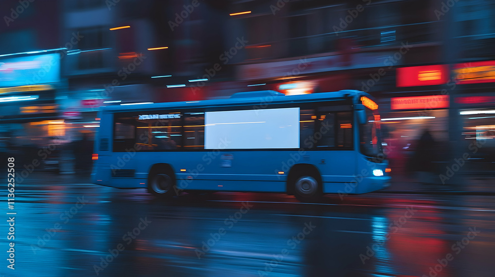 Blue bus speeding through a rain-slicked city street at night.