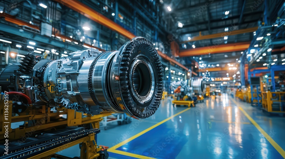 The industrial power of engines displayed in a factory floor setting The industrial power of engines displayed in a factory floor setting