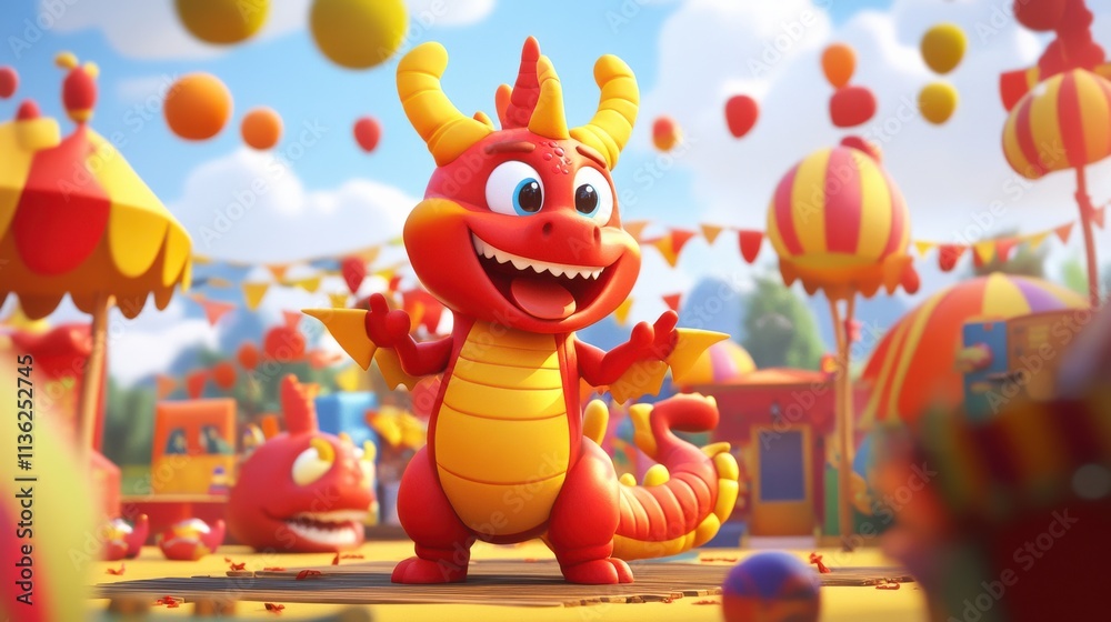 Fototapeta premium Playful Cartoon Dragon at Colorful Festival Celebration Scene