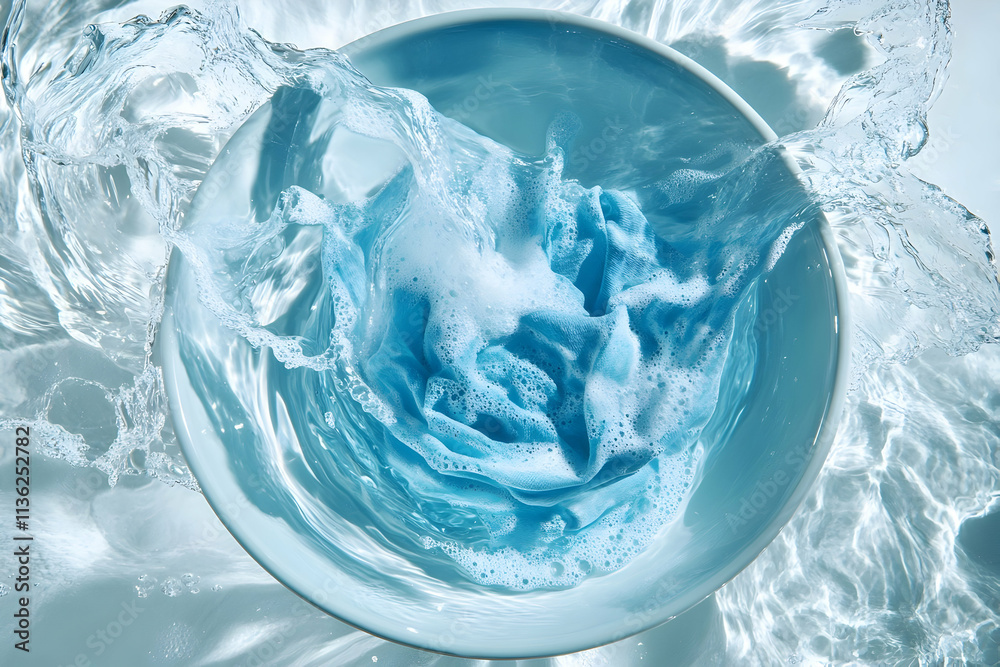 Blue fabric in soapy water, swirling motion. Blue fabric in soapy water, swirling motion.