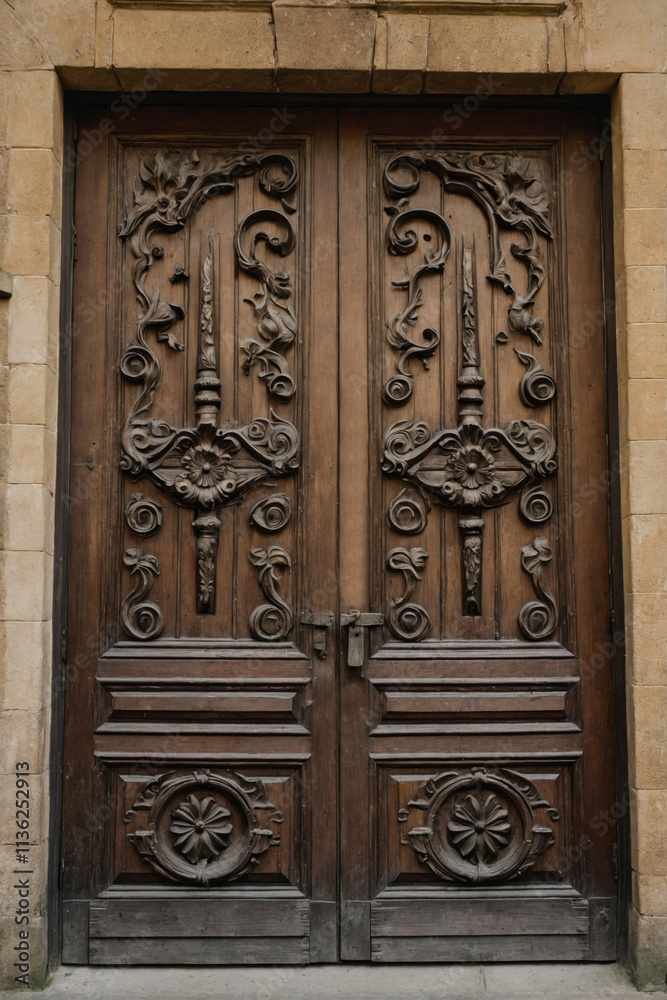 Ornately carved wooden doors showcase intricate designs in city Ornately carved wooden doors showcase intricate designs in city