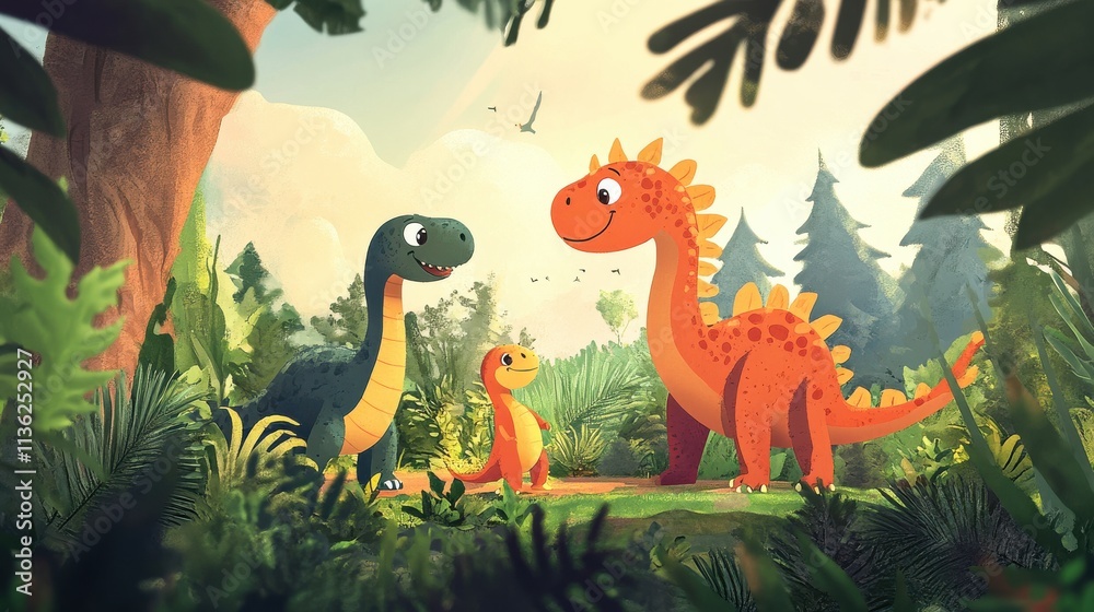 Obraz premium Colorful Cartoon Dinosaurs in Lush Green Forest