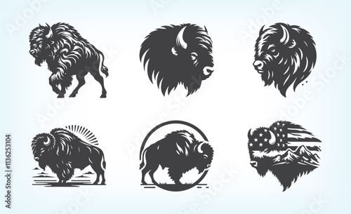 Bold and minimal bison vector silhouettes for creative, nature, and countryside-inspired illustrations.