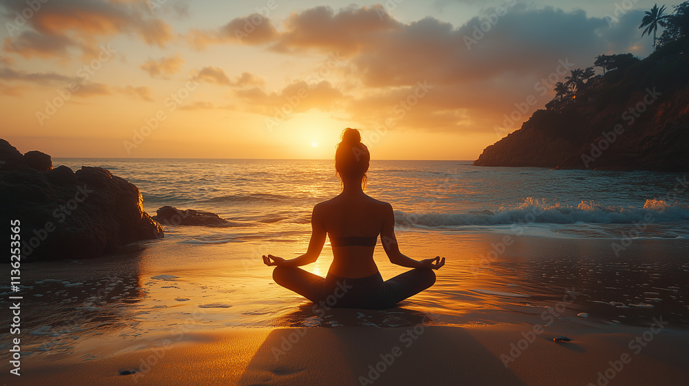 Serene meditation at sunset on a tranquil beach with calm ocean waves Serene meditation at sunset on a tranquil beach with calm ocean waves