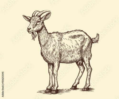 Goat standing on the ground. Vector illustration in vintage graphic style. Vintage drawing of farm animal. Isolated 