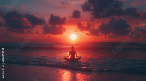 Fototapeta Naklejka Na Ścianę i Meble -  Meditating at sunset by the ocean creates a tranquil experience filled with peace and reflection