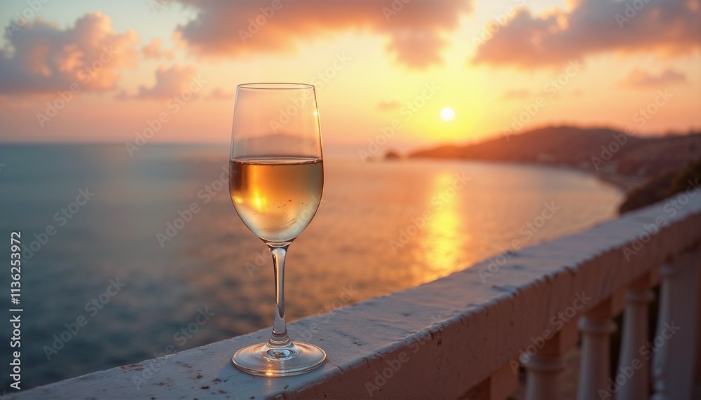 Charming glass of white wine on a balcony railing at sunset overlooking the ocean