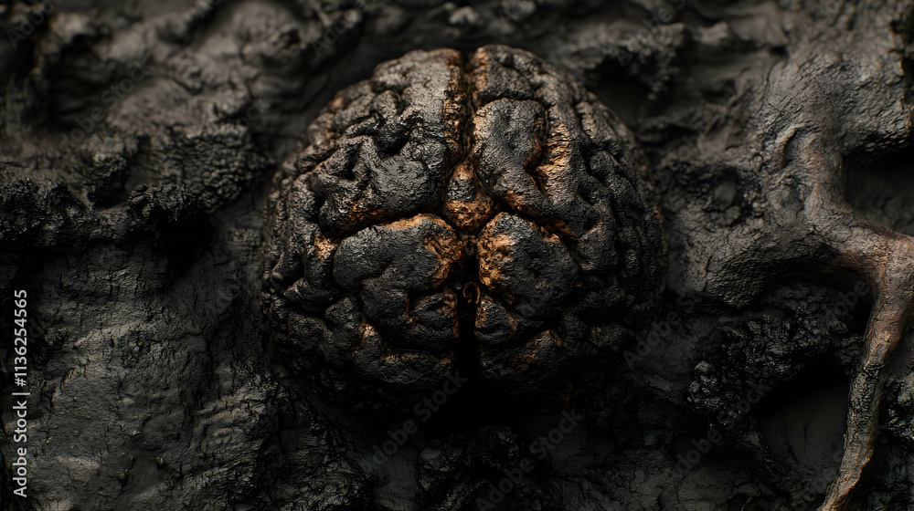 Burned brain in dark soil; concept of mental health, stress, depression, and neurological damage. Burned brain in dark soil; concept of mental health, stress, depression, and neurological damage.