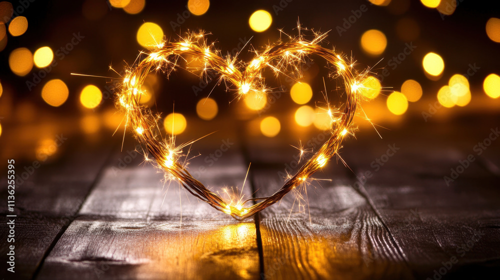 Obraz premium glowing heart made of sparklers on wooden surface, creating warm and romantic atmosphere. Perfect for Valentine Day or love themed events