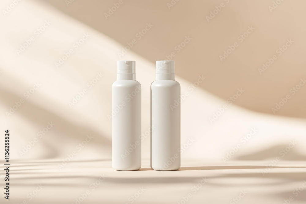 Minimalist display of white cosmetic bottles on soft beige background in a natural light setting Minimalist display of white cosmetic bottles on soft beige background in a natural light setting