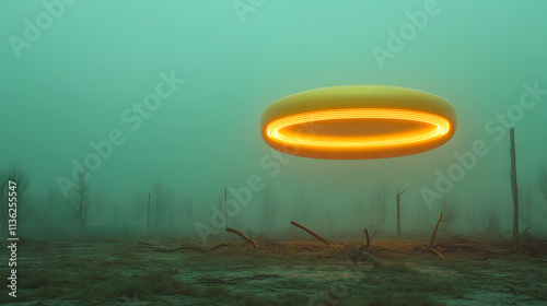 Mysterious hovering podium in foggy landscape sci-fi scene alien aesthetics ethereal atmosphere surreal viewpoint photo