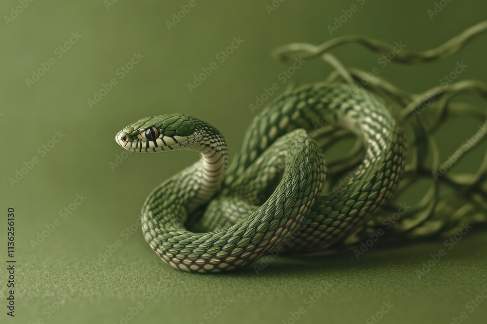 Fototapeta premium Minimalistic side view of green snake on solid background for nature and wildlife designs