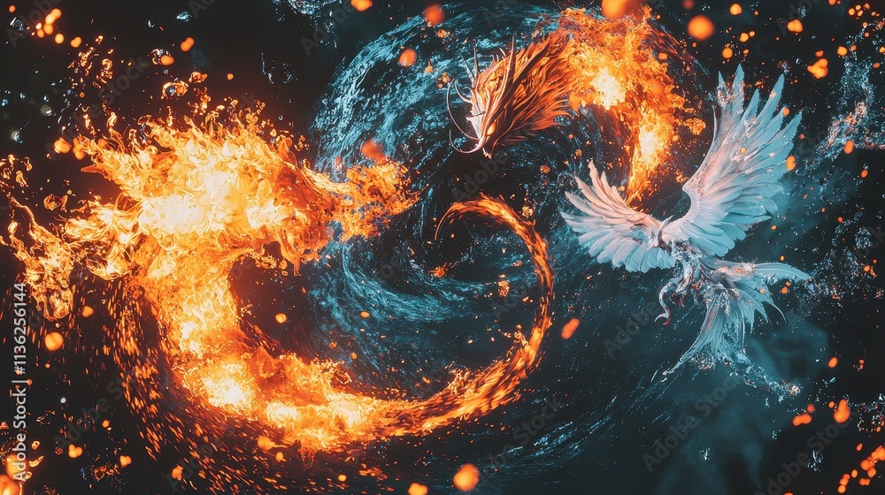 A dynamic depiction of a mythical battle between a dragon made of fire and a phoenix made of water. The swirling elements clash dramatically, with glowing embers and splashes of water painting A dynamic depiction of a mythical battle between a dragon made of fire and a phoenix made of water. The swirling elements clash dramatically, with glowing embers and splashes of water painting