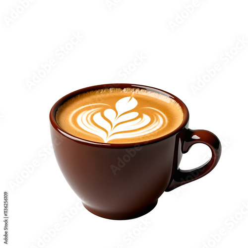 Front view of a steaming cup of coffee with latte art isolated on a white transparent background.