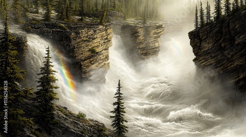 A dynamic depiction of a roaring river rushing through a rocky canyon, with mist rising into the air. Pine trees cling to the cliffs, and a rainbow forms in the spray, adding a touch of color 