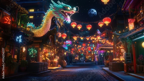 Vibrant Festival Scene with Dragon and Lanterns