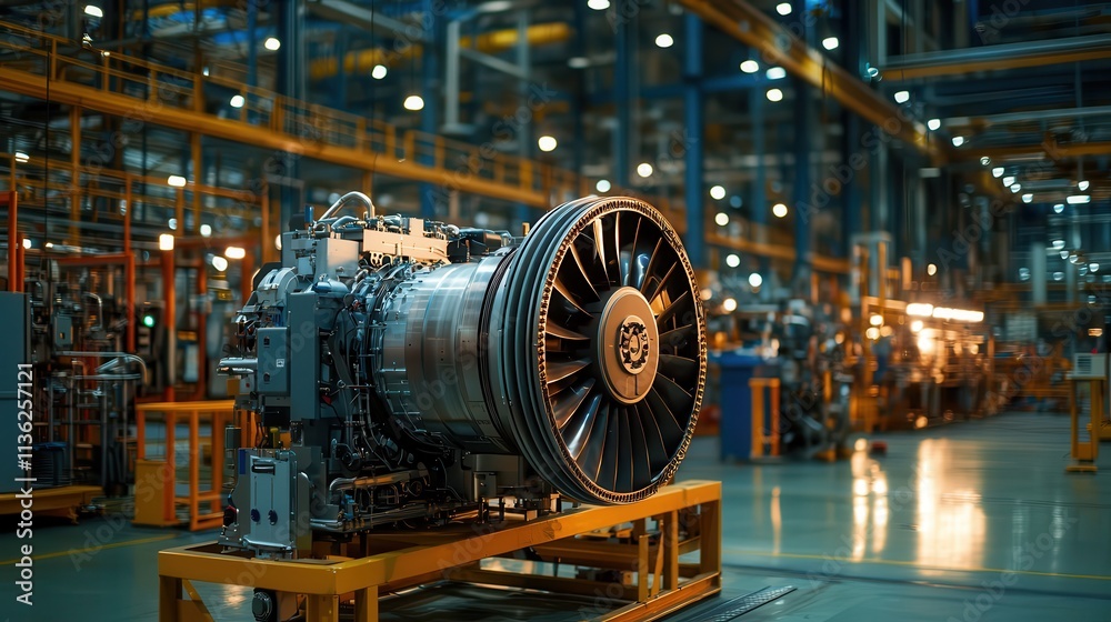 An industrial engine setup in a factory illuminated by soft lighting An industrial engine setup in a factory illuminated by soft lighting