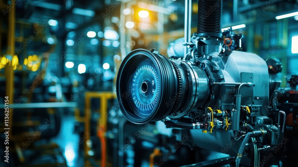 An industrial engine setup in a factory illuminated by soft lighting An industrial engine setup in a factory illuminated by soft lighting