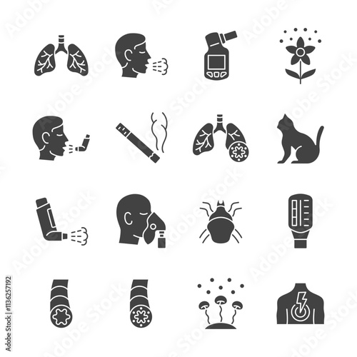 Asthma glyth icon set. Vector collection with lung, cough, pollen, inhaler, flow peak meter, dust mite, fungal mold.  Symptoms and causes of asthma.