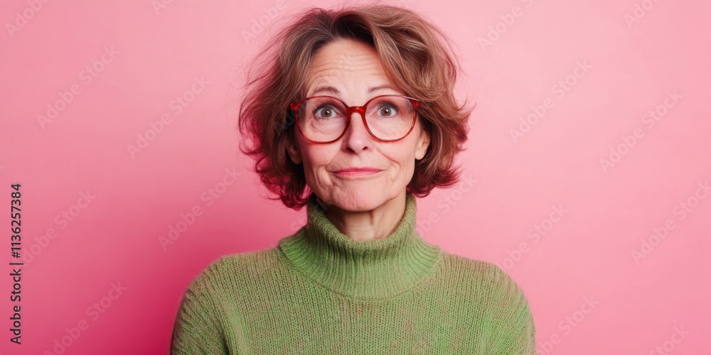 A Smiling Elderly Woman Dressed in a Cozy Green Sweater Stands Against a Pink Background A Smiling Elderly Woman Dressed in a Cozy Green Sweater Stands Against a Pink Background