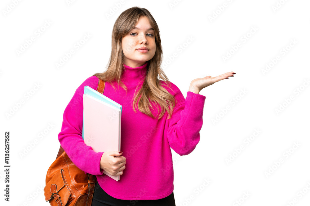 Young student girl over isolated chroma key background extending hands to the side for inviting to come Young student girl over isolated chroma key background extending hands to the side for inviting to come
