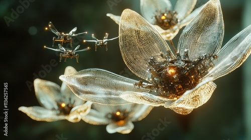 A fantastical artwork of a robotic garden, where mechanical flowers with glowing petals open and close rhythmically. Tiny drones hover like bees, pollinating the mechanical blooms in a perfect  photo