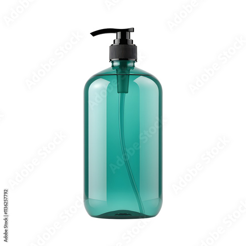 Front view of a teal shampoo bottle with no labels isolated on a white transparent background.