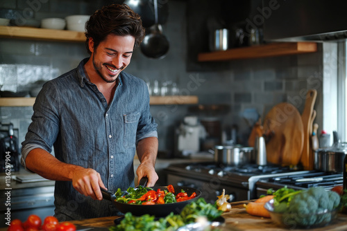 Young man happily cooks a vegan meal in his kitchen, surrounded by fresh vegetables, radiating joy as he focuses on his creation