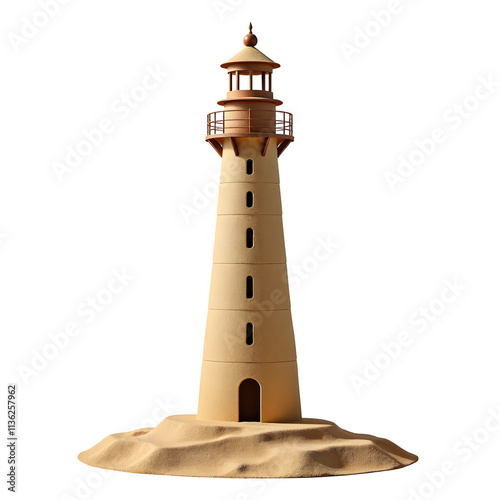 Front view of a towering sand lighthouse sculpture isolated on a white transparent background.