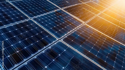 Rows of shiny black solar panels capturing energy under direct sunlight