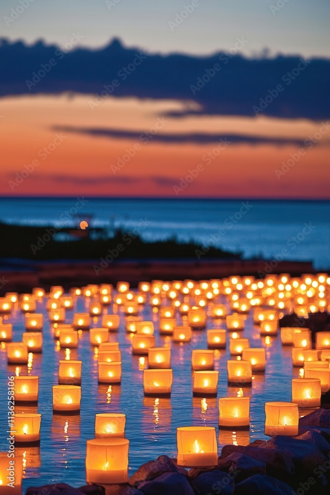 Fototapeta premium Candle lighting ceremony at sunset by the ocean decorative display tranquil atmosphere serene viewpoint