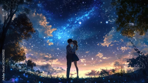 Starry Kiss: Romantic Anime Couple under the Open Sky.